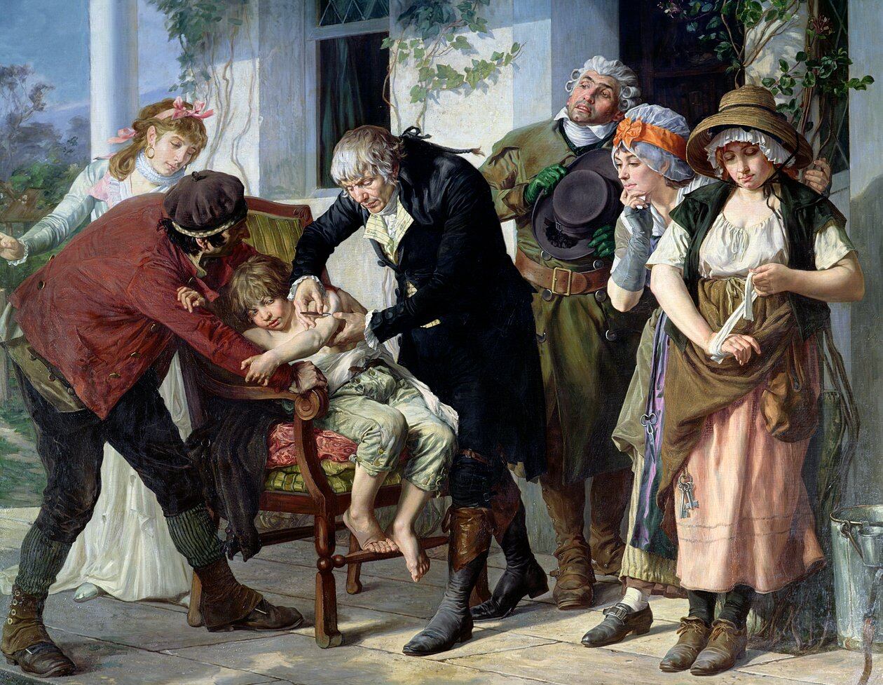 Edward Jenner (1749-1823) realizando la primera vacunación contra la viruela en 1796 (Gaston Melingue, 1879)