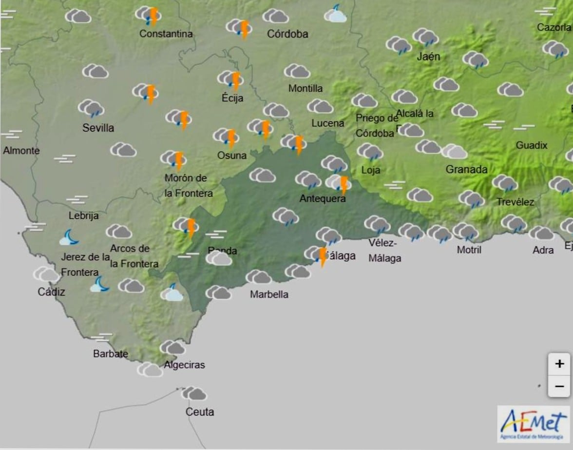 Aemet activa el aviso amarillo por lluvias en Málaga este domingo