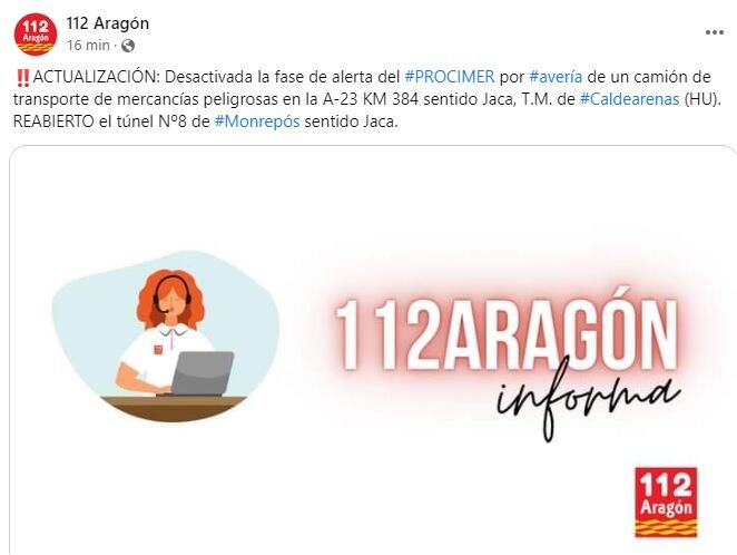 Información que aportaba el 112 Aragón en sus redes sociales
