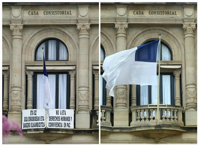 Fotografías que muestran la fachada de la casa consistorial donostiarra antes y después de retirar de la balconada, por orden del alcalde de San Sebastián, Juan Karlos Izagirre (Bildu), la pancarta contra ETA