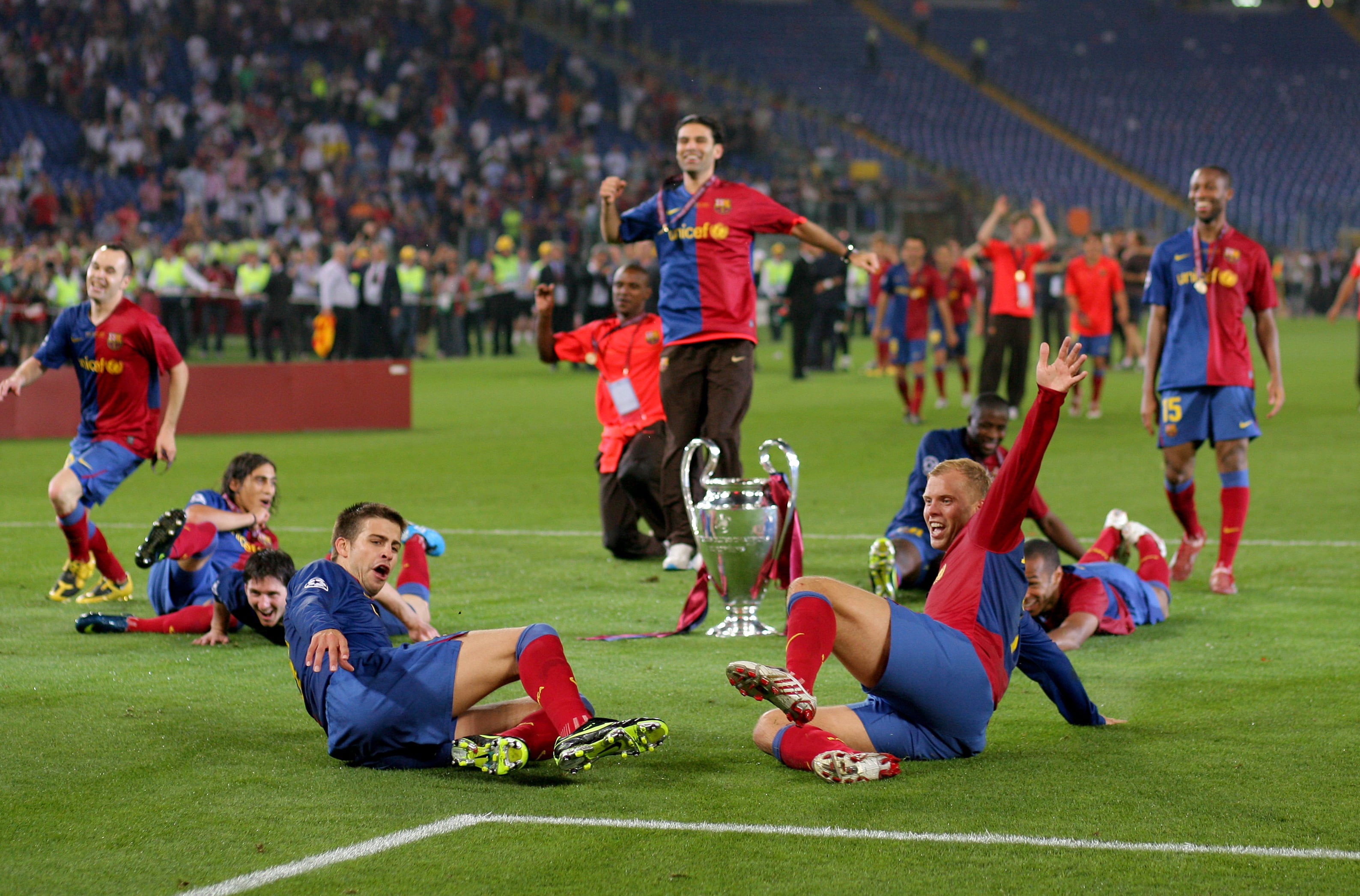 La plantilla del Barça celebra el título de la Champions del 2009