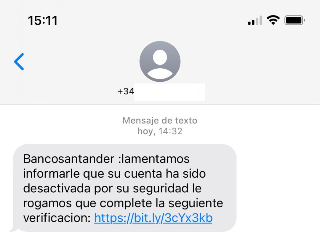 Captura del sms recibido por una de las víctimas