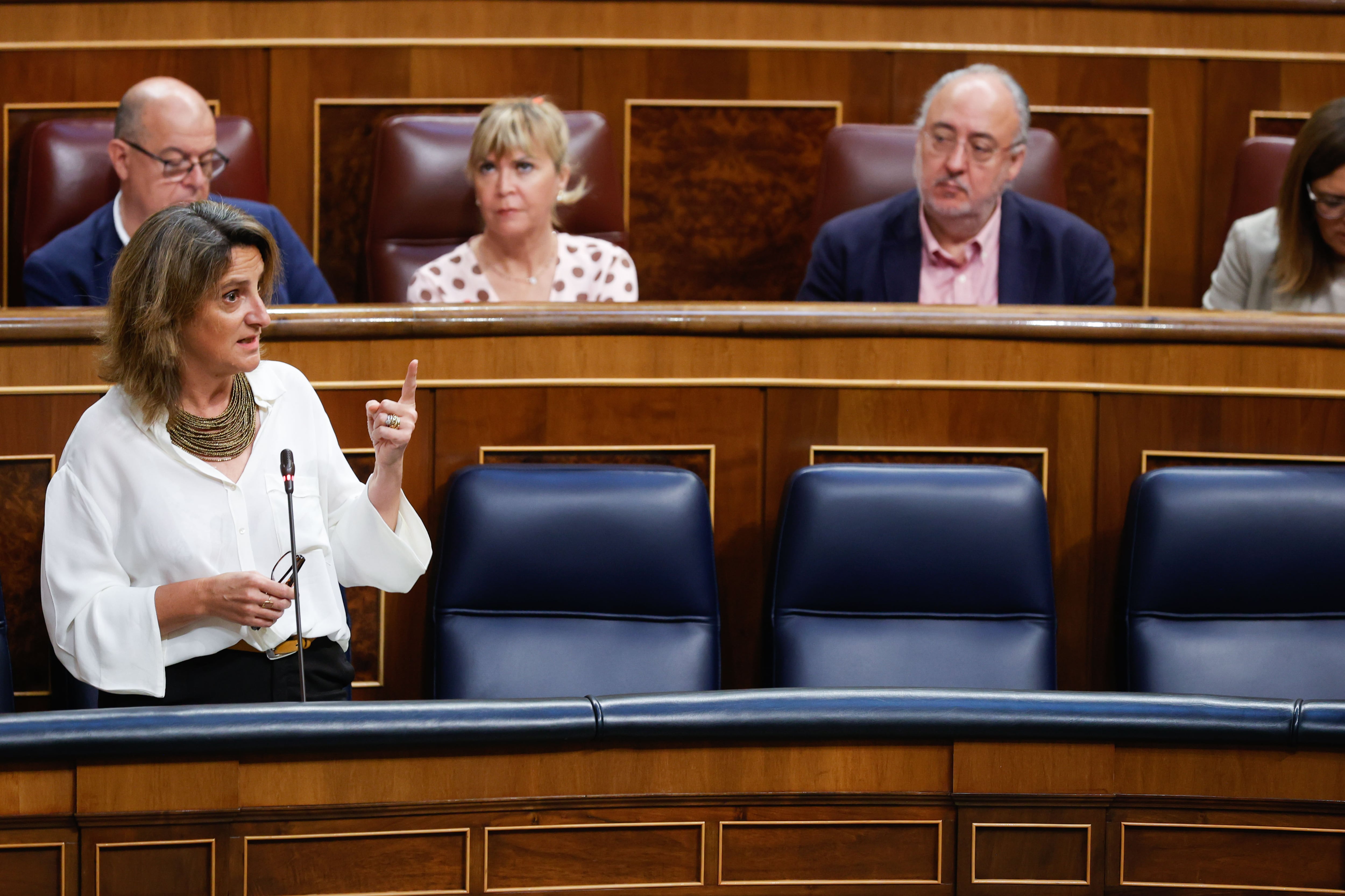 La vicepresidenta tercera y ministra para la Transición Ecológica y el Reto Demográfico, Teresa Ribera (i), interviene en la última sesión de control antes de la campaña de las elecciones municipales y autonómicas del 28 M