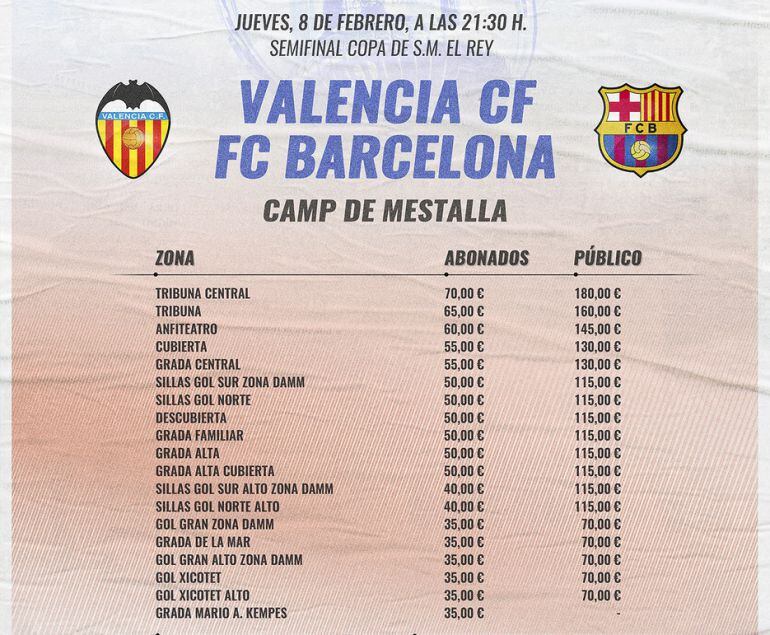 Precios entradas VCF-Barça Copa 17-18