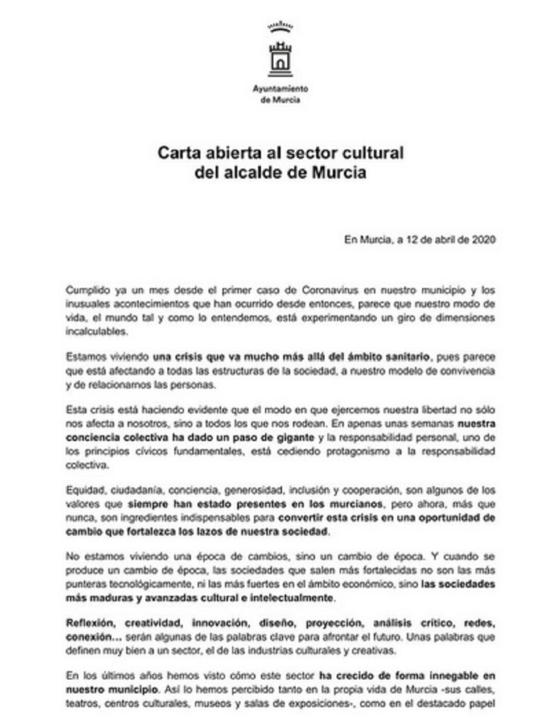 Ballesta ha declarado esta mañana la cultura como actividad esencial en el municipio de Murcia en una carta abierta dirigida al sector