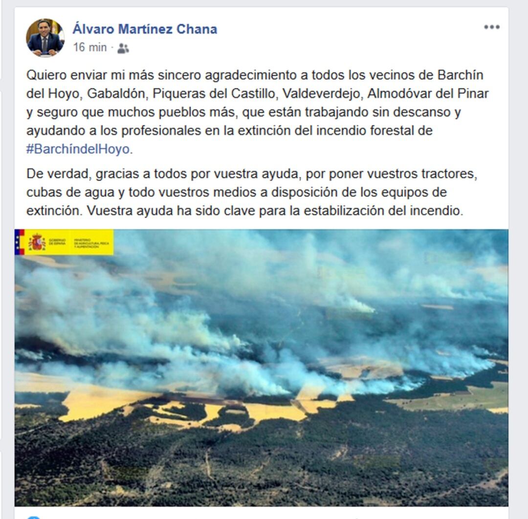 Agradecimiento de Álvaro Martínez Chana a través de su Facebook