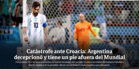 El periódico El Clarín habla de la derrota de Argentina ante Croacia.