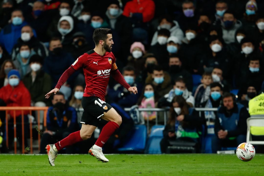 Jose Gaya of Valencia in action during the Spanish League, La Liga Santander, football match played between Real Madrid and Valencia CF at Santiago Bernabeu stadium on January 08, 2022, in Madrid, Spain. AFP7 
 ONLY FOR USE IN SPAIN