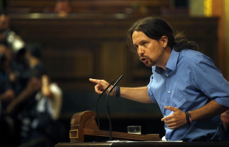 El líder de Podemos, Pablo Iglesias, durante su intervención