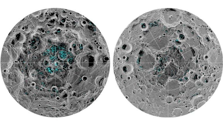 La imagen muestra la distribución de hielo de la superficie en los polos lunares.