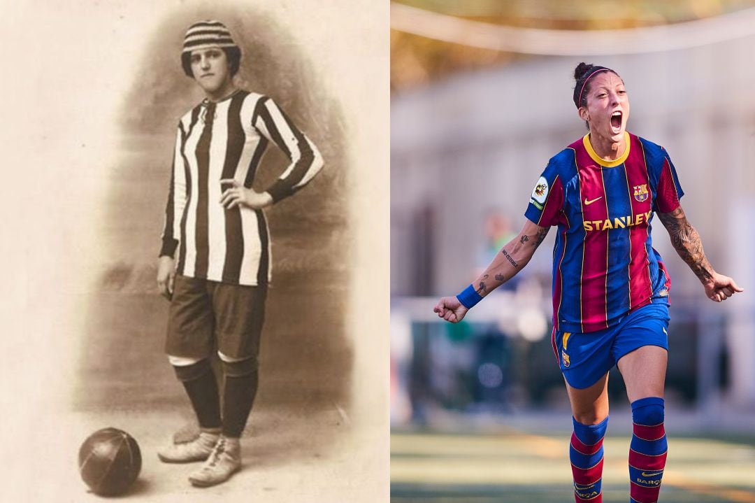 Ana Carmona, de las primeras futbolistas de España y Jenni Hermosoo, actual jugadora del FC Barcelona.