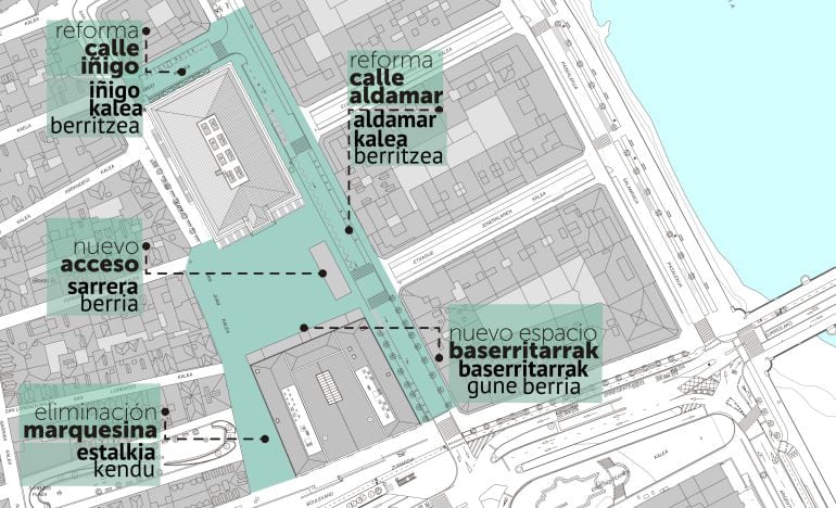 Dibujo con los principales puntos del mercado de la Bretxa que sufrirán cambios tras la reforma del espacio.