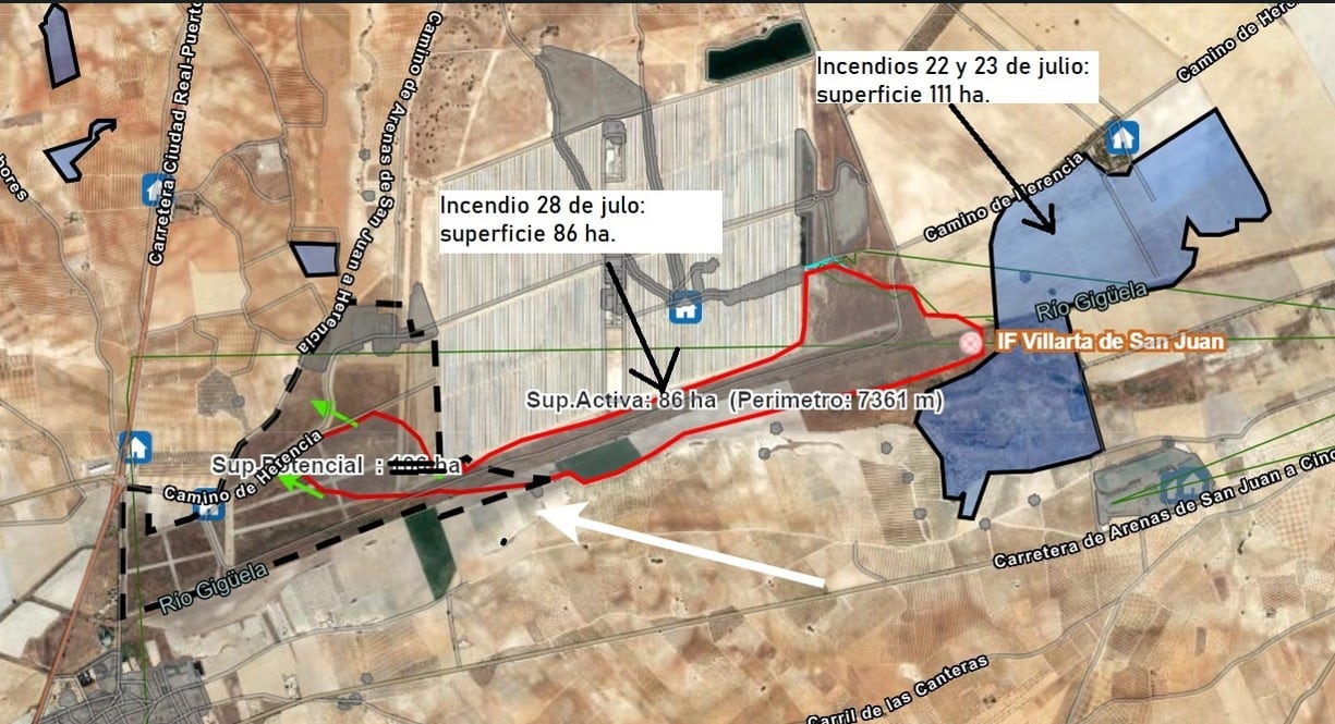 Mapa de las zonas afectadas por los incendios en Villarta de San Juan en una semana
