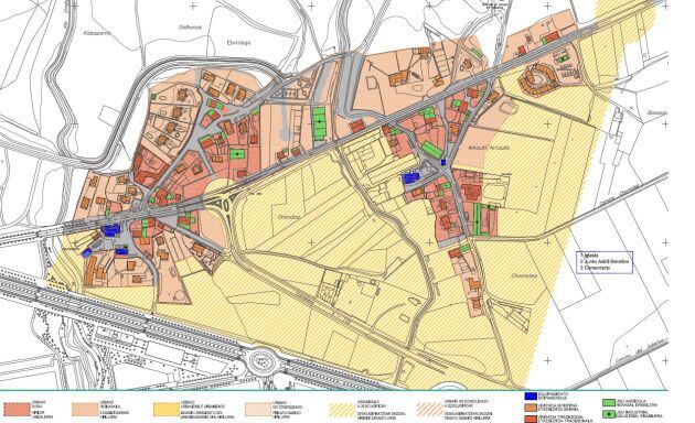 Propuesta de desclasificación de suelos en Elorriaga y Arkaute. Con líneas amarillas el terreno urbanizable que los técnicos proponen que deje de serlo.