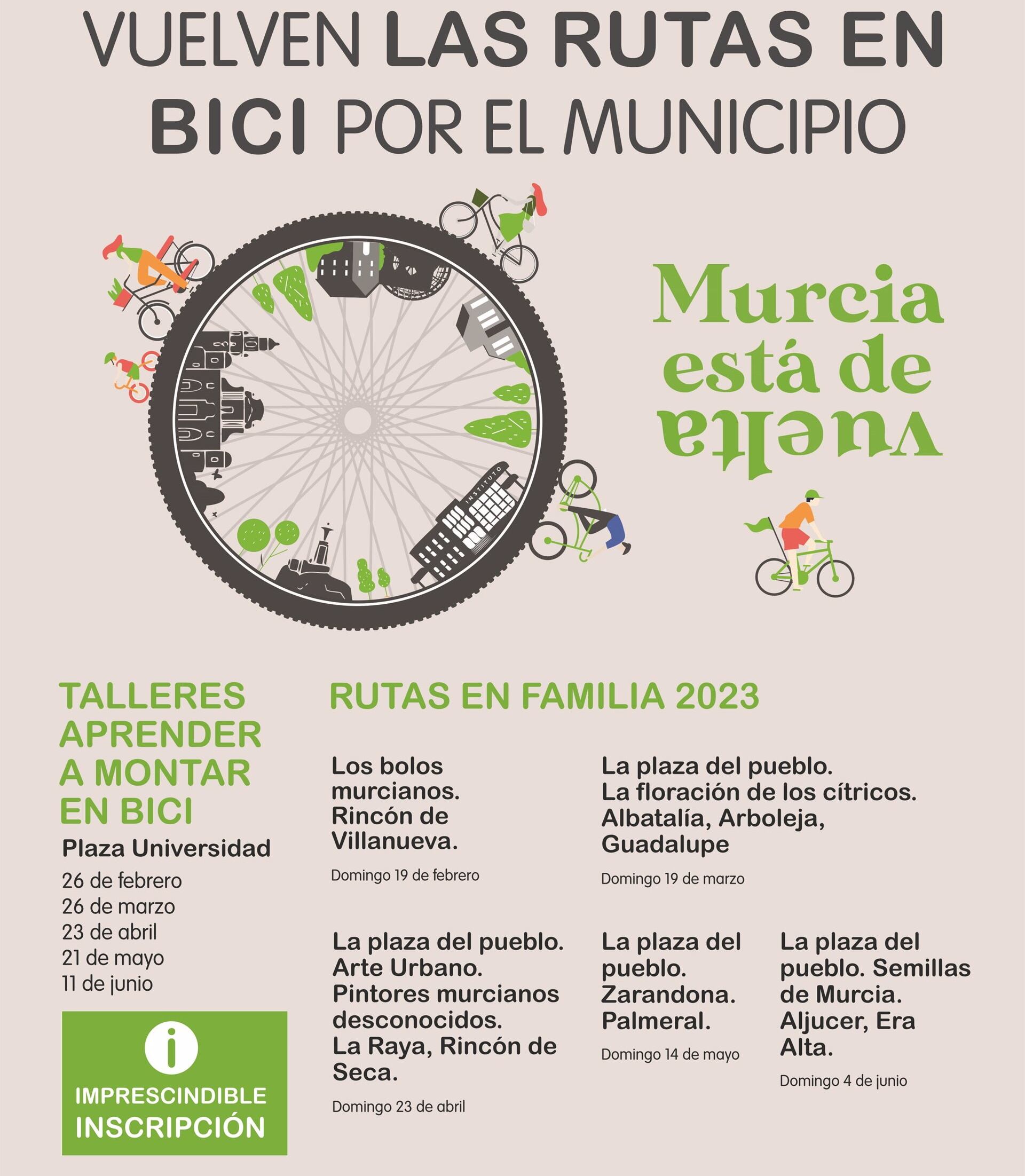 El Ayuntamiento de Murcia ofrece 5 talleres para aprender a montar en bicicleta y 5 rutas por pedanías