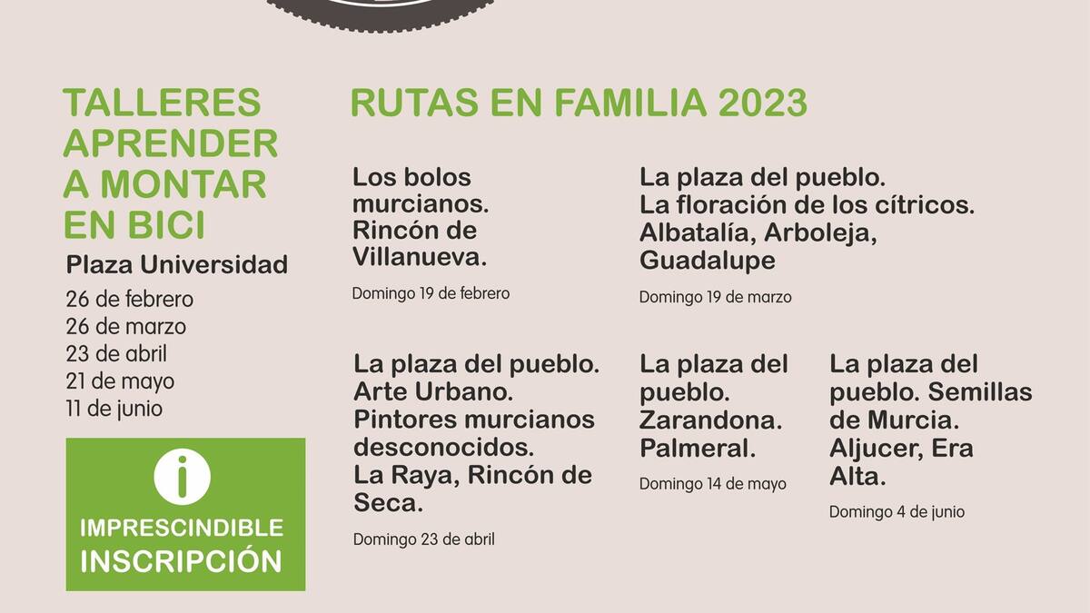 El Ayuntamiento de Murcia ofrece 5 talleres para aprender a montar en bicicleta y 5 rutas por pedanías