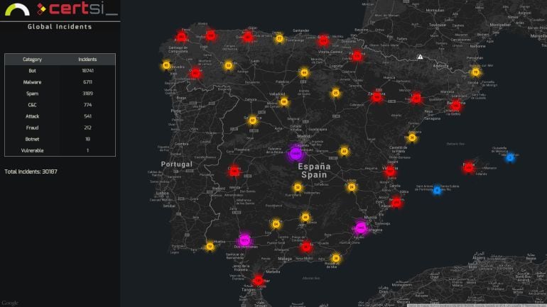 Gráfico en tiempo real de ciberataques lanzados en una mañana contra España.