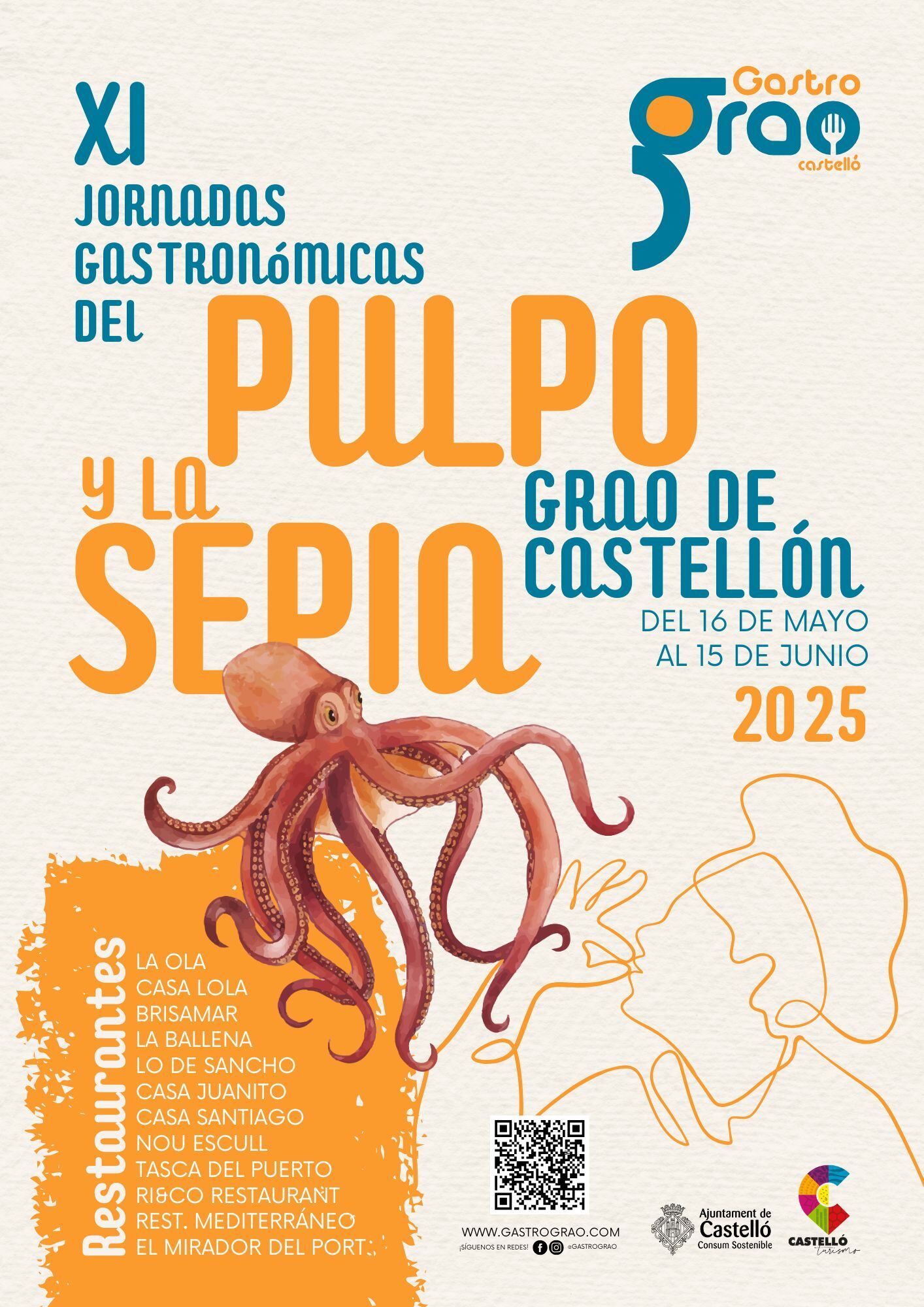 Cartel de las XI Jornadas Gastronómicas del Pulpo y la Sepia 2025 del Grao de Castellón