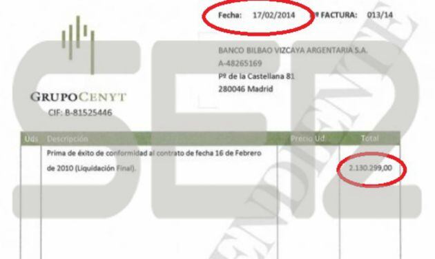 Factura de la prima de éxito que Villarejo cobró del BBVA que coinciden en tiempo con la denuncia que se interpuso en la Audiencia contra Ausbanc.