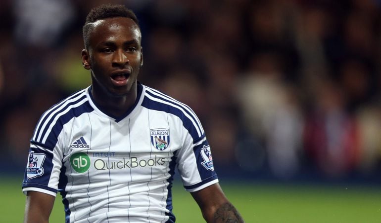 Saido Berahino del West Bromwich reacciona tras una jugada ante el Manchester United hoy, lunes 20 de octubre de 2014, durante el juego de la Liga Premier inglesa en el estadio The Hawthorns de Birmingham (Reino Unido). EFE/KIERAN GALVIN CONDICIONES DE U