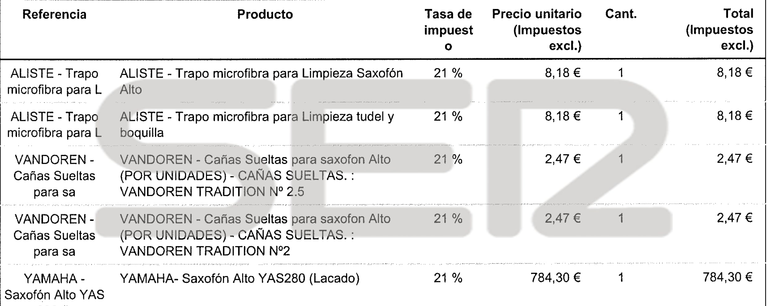 Factura de un saxofón y algunos de sus complementos pertenecientes a González Amador.