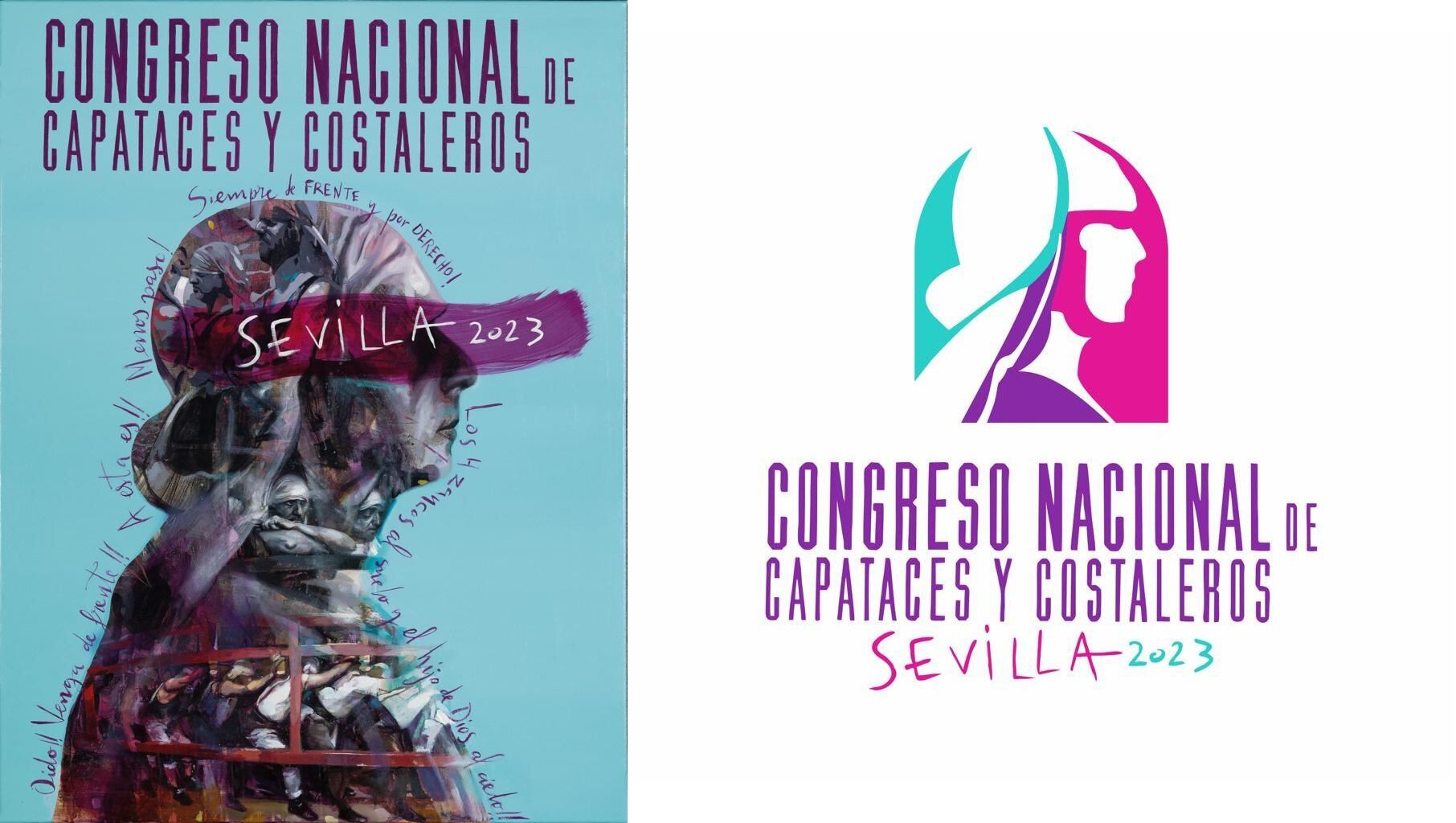 Cartel, a la izquierda, y logotipo del VII Congreso de Capataces y Costaleros Sevilla 2023