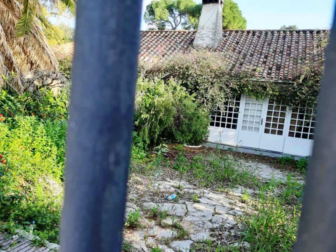 Entrada al Restaurante El Bosque, rodeada de maleza