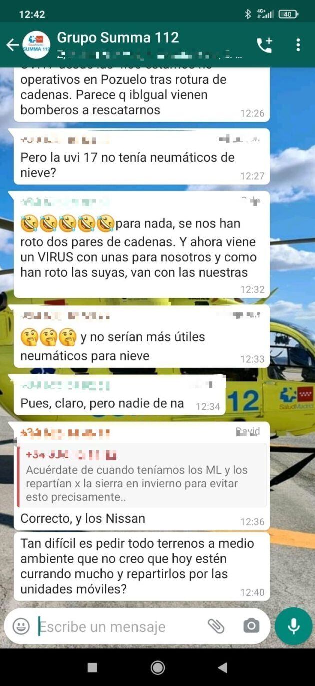 Imagen de uno de los grupos de WhatsApp de coordinación del SUMMA