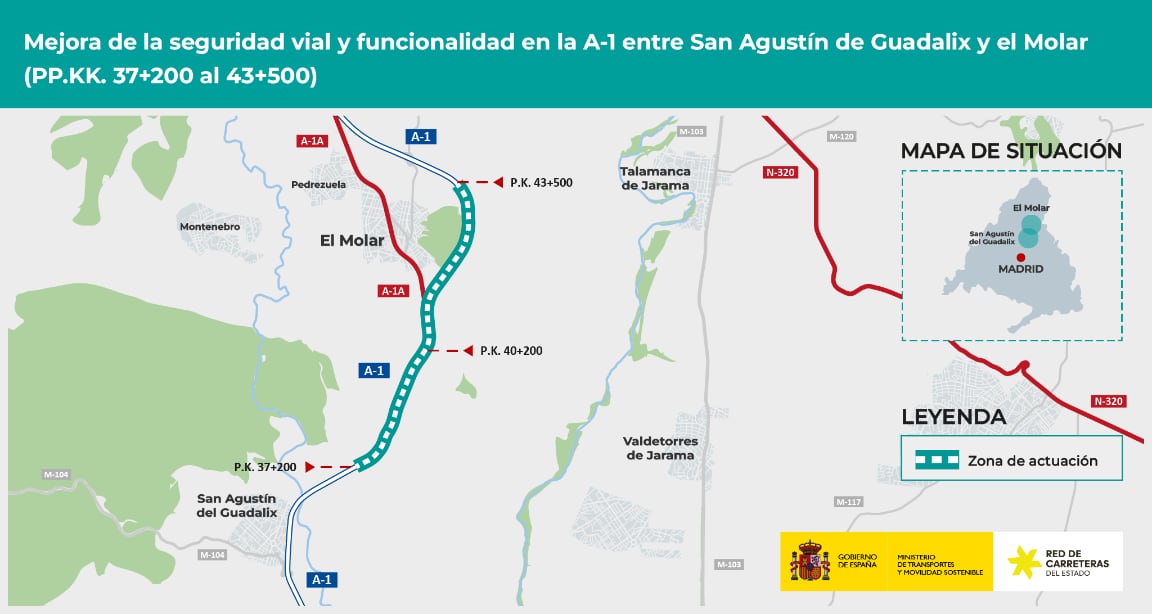 Mapa de situación de las obras de mejora en la A-1 entre San Agustín del Guadalix y El Molar