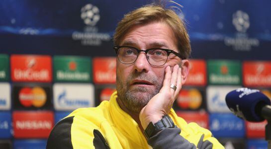 DORTMUND, GERMANY - DECEMBER 08: Coach Juergen Klopp of Dortmund attends a press conference, on the eve of their Champions League Group D football match against Anderlecht on December 8, 2014 in Dortmund, Germany. (Photo by Juergen Schwarz/Bongarts/Getty 