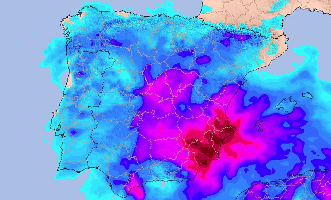 Mapa de lluvia acumulada hasta el próximo domingo. 