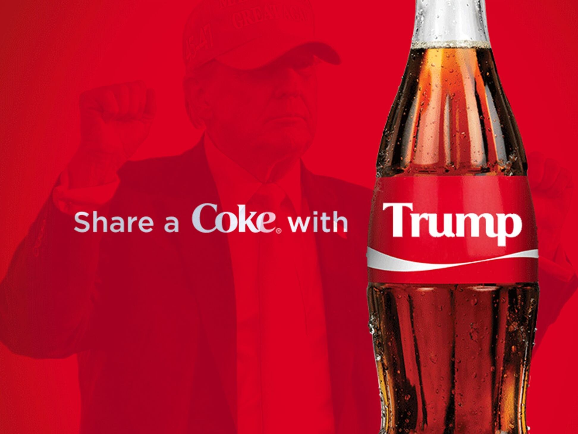 Fotografía publicada por la Casa Blanca en la que Donald Trump, aparece en un fondo rojo con los puños en alto y un mensaje donde se puede leer &quot;Tómate una Coca-Cola con Trump&quot;