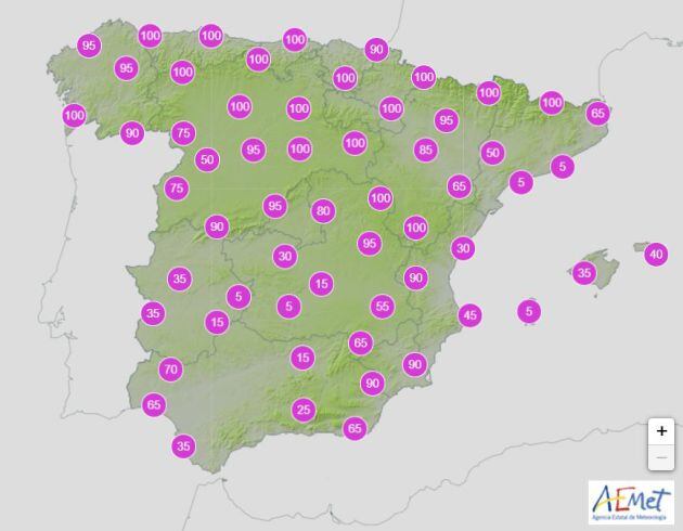 Probabilidad de precipitación el domingo por la tarde.