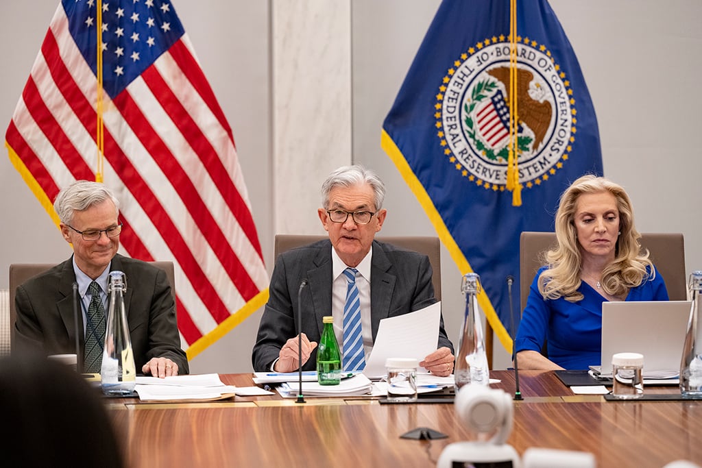 El presidente de la Reserva Federal, Jerome Powell, presidiendo la reunión que ha subido los tipos de interés