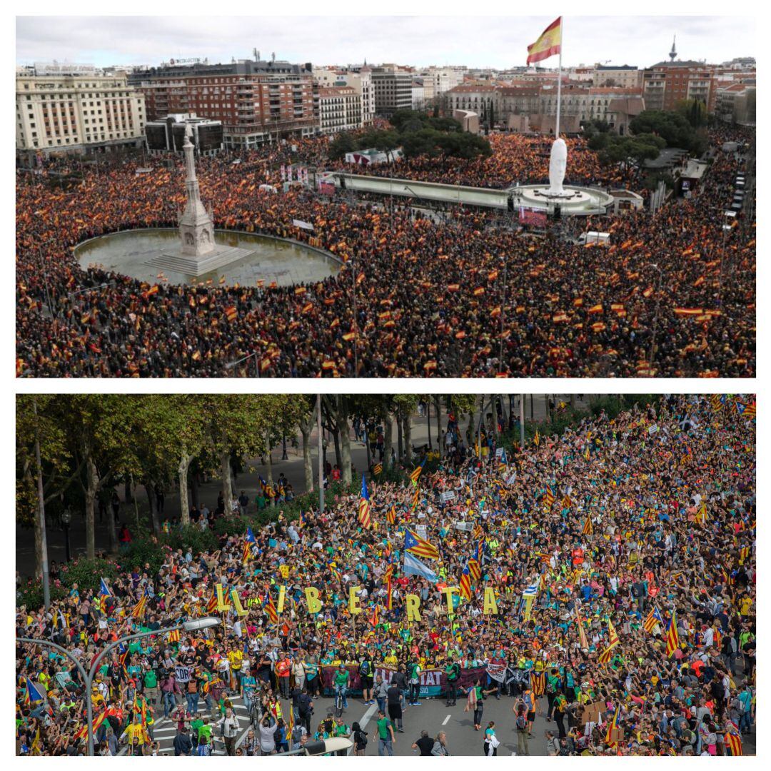 Arriba, la concentración del pasado mes de febrero en la Plaza de Colón contra el presidente del Gobierno Pedro Sánchez. Abajo, la Marcha por la Libertad recorriendo el centro del Barcelona el pasado viernes.