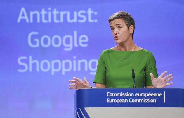 La comisaria europea de Competencia, Margrethe Vestager, durante la rueda de prensa.