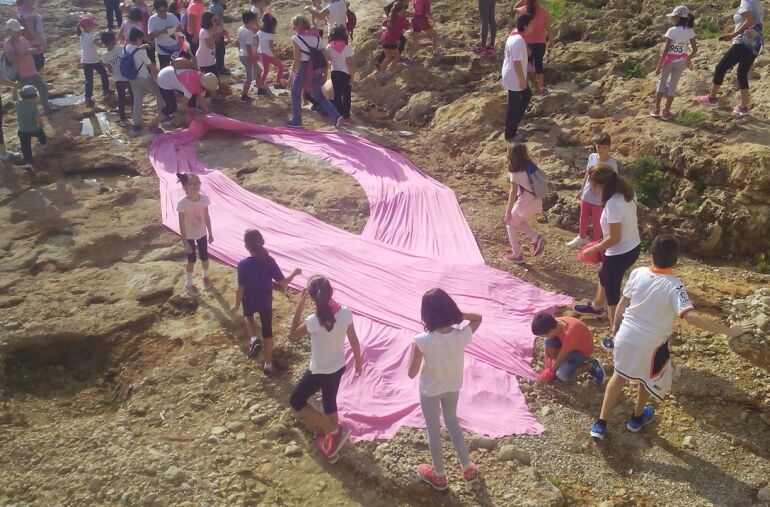 Lazo rosa desplegado el año 2015 en la playa Les Arenetes, de Les Rotes en Dénia, con motivo de la III caminata solidaria por el Día Mundial del Cáncer de Mama