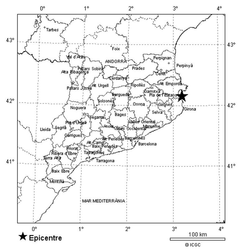 Imatge que ha cedit l'Institut Cartogràfic i Geològic de Catalunya (ICGC) amb l'epicentre marcat de la nova rèplica de 2,3 graus a l'escala de Richter que s'ha produït aquesta passada matinada de l'1 de novembre del 2015