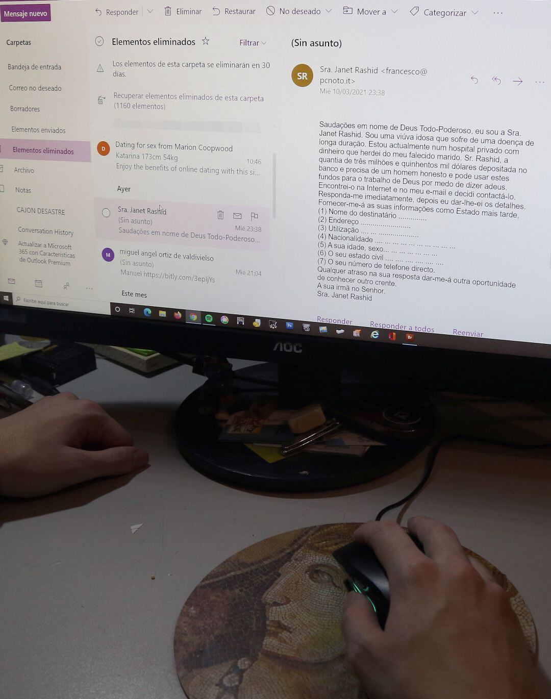 Correo en portugué solicitando una persona para administrar la fortuna de un enfermo