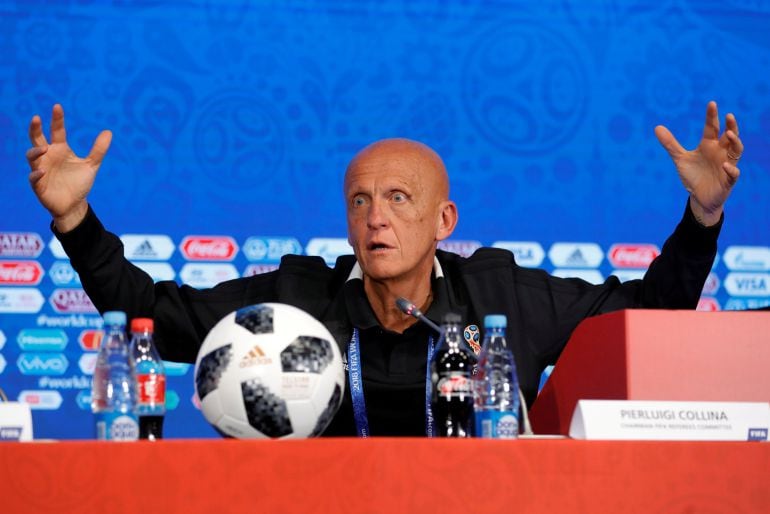 Pierluigi Collina en una conferencia en el Mundial de Rusia