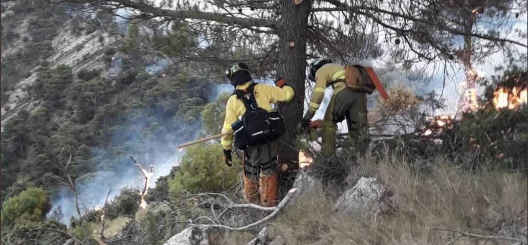 Bomberos trabajan en el incendio forestal de Quesada.