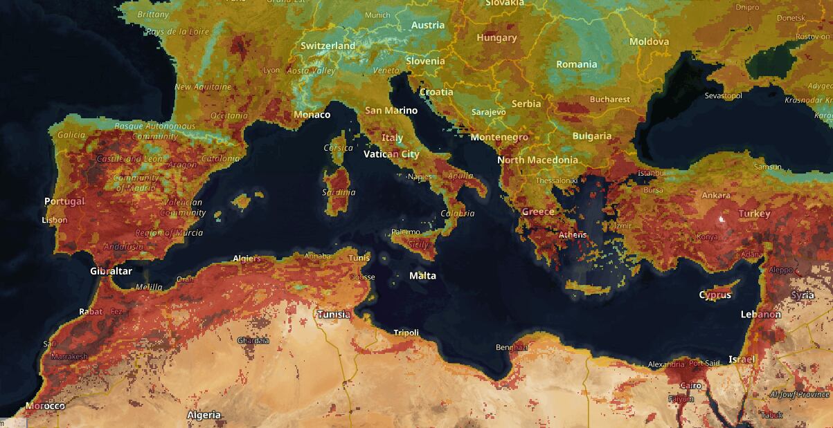 Mapa de riesgo de incendios a primera hora del miércoles proporcionado por el Programa Copérnico