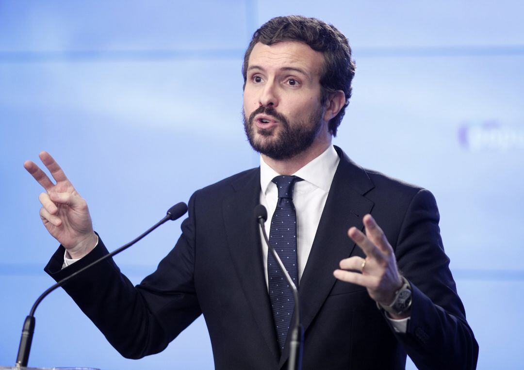 El presidente del Partido Popular, Pablo Casado, en rueda de prensa para hablar del balance del año político que hace su partido, en Madrid (España) a 30 de diciembre de 2019.