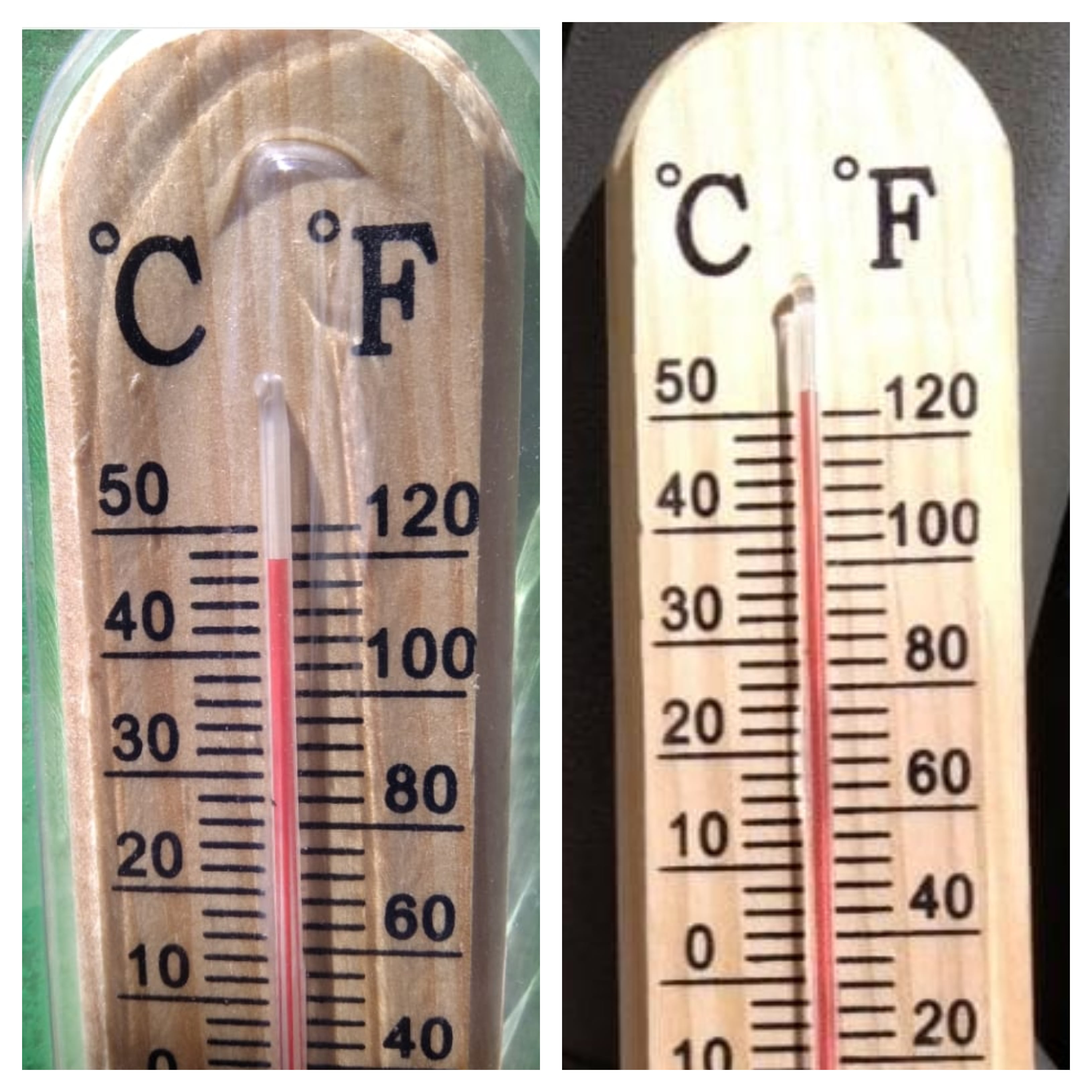 Termómetro en el interior de la cabina de los camiones del Hospital Gregorio Marañón. A la izquierda, temperatura del 21 de julio. A la derecha, del 29 de julio.