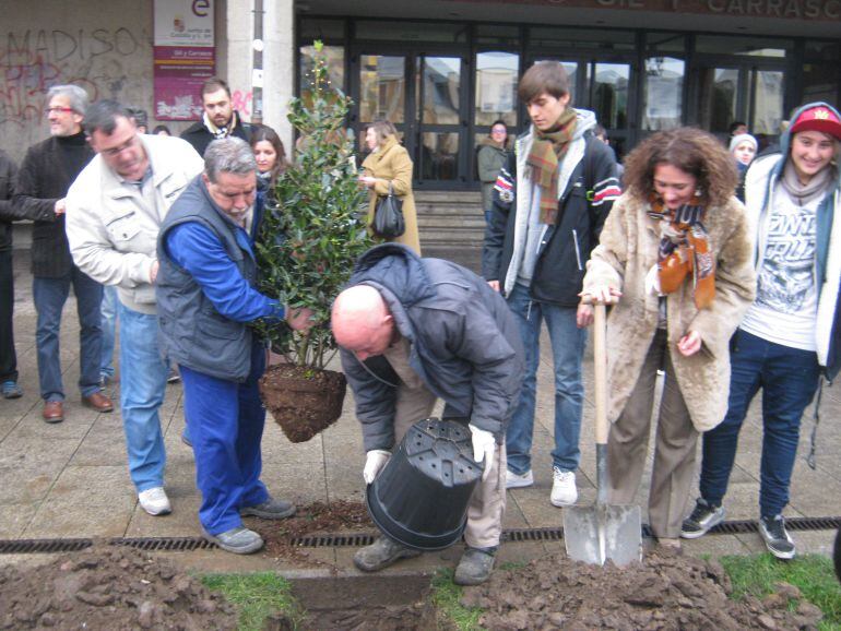 La alcaldesa y los alumnos del Instituto Gil y Carrasco plantan el acebo