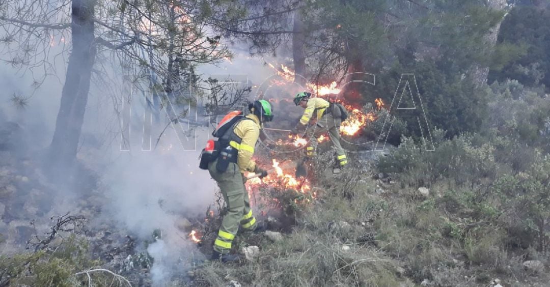 Varios operarios del Plan Infoca trabajan en la extinción del incendio.