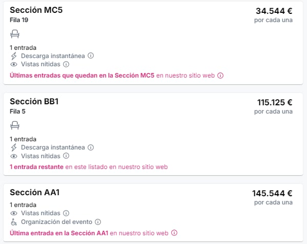 Captura de pantalla de la web Viagogo, con entradas hasta a 145.000 euros a la venta.