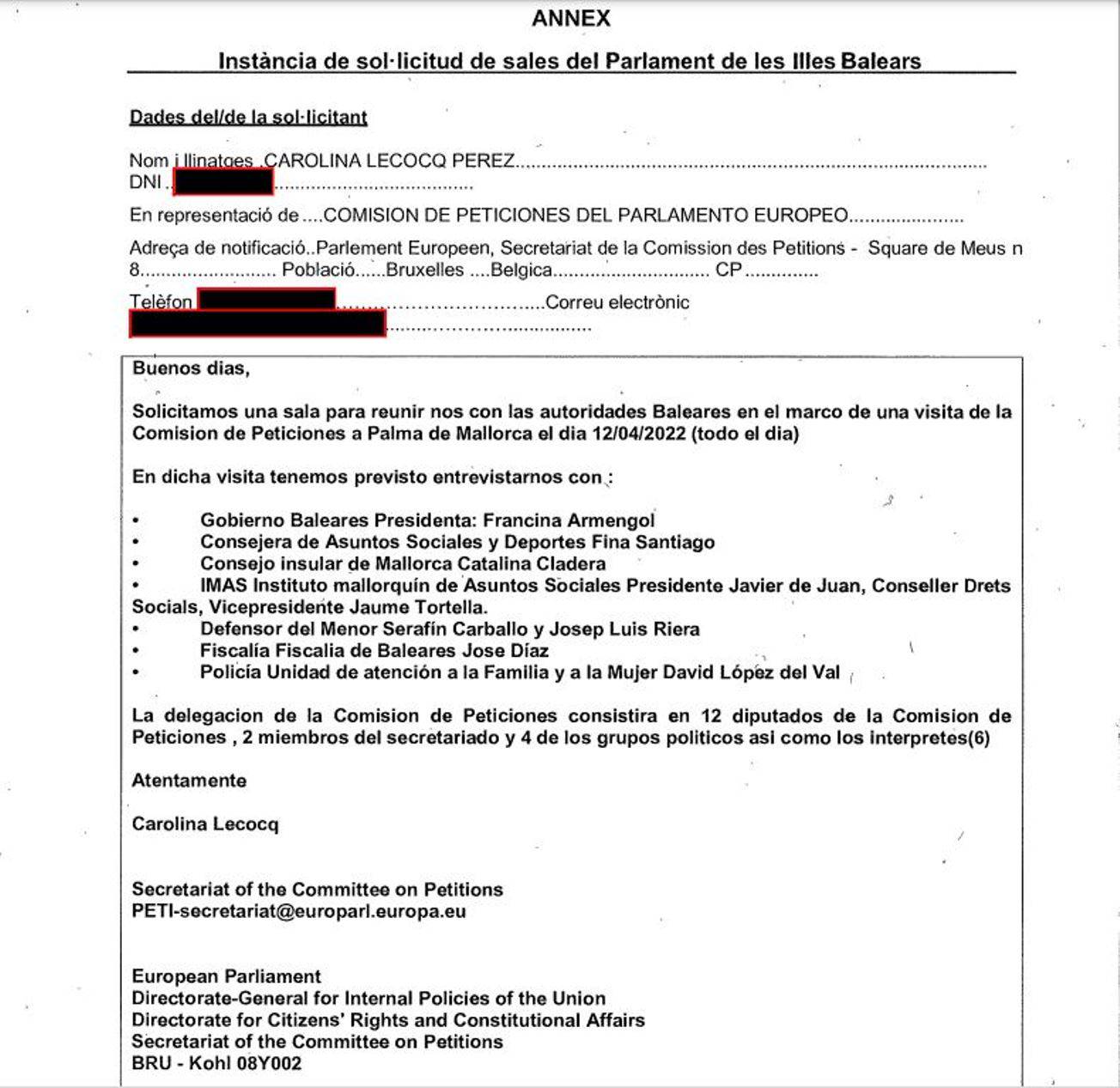 Instancia de la solicitud de una sala en el Parlamento balear