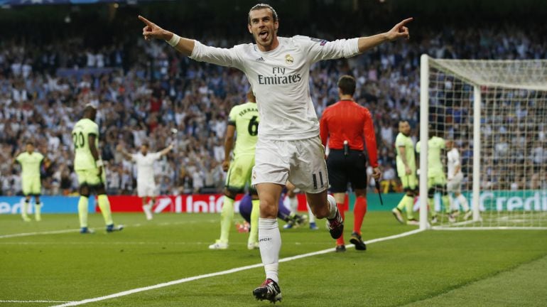 Gareth Bale celebra su gol al City en la vuelta de semifinales de la Champions ante el City.