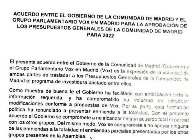 Pinche aquí para leer el acuerdo íntegro del Gobierno de la Comunidad de Madrid con Vox para aprobar los presupuestos 2022.